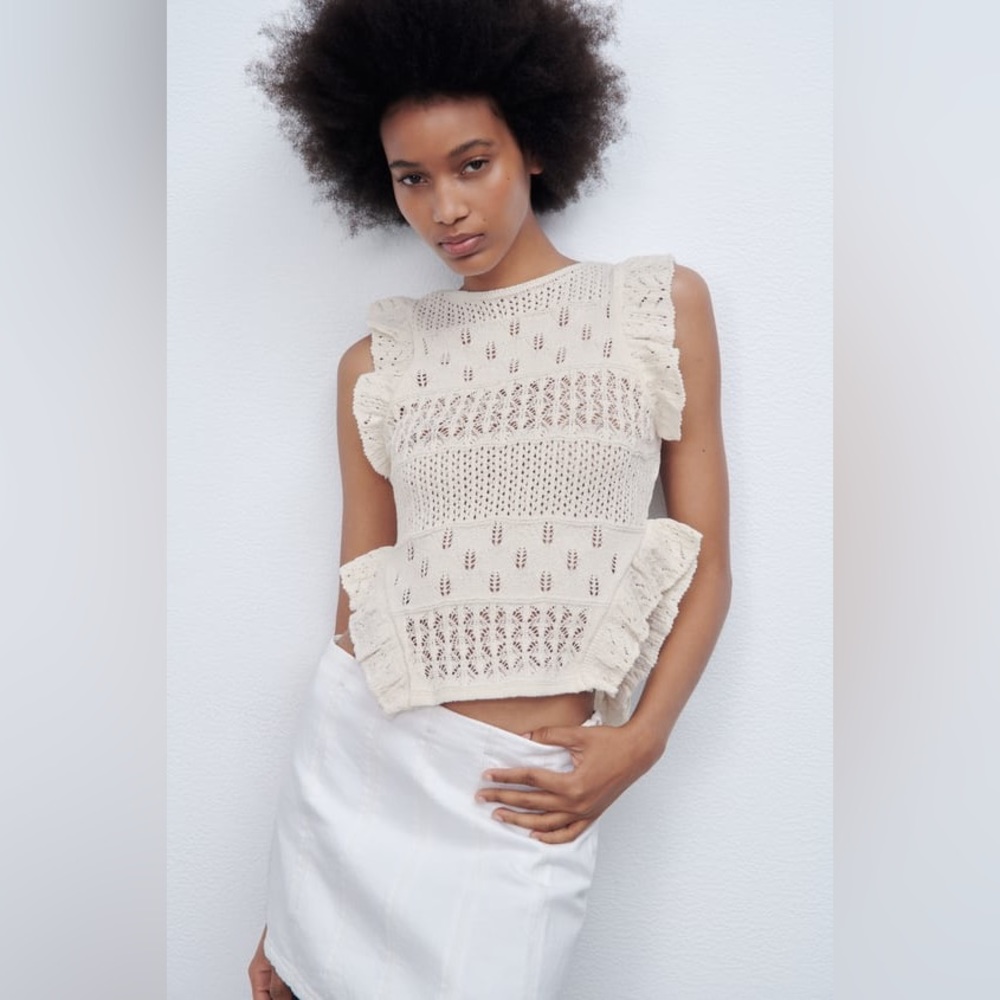 Zara Pointelle Ruffled Knit Top - Picture 2 of 9